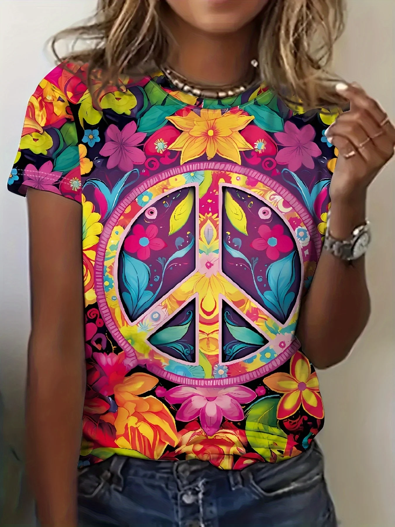 Women Short Sleeve T‑Shirt Boho Peace Sign Colorful Floral Hippie Style Print Crew Neck Loose Casual Summer Tops