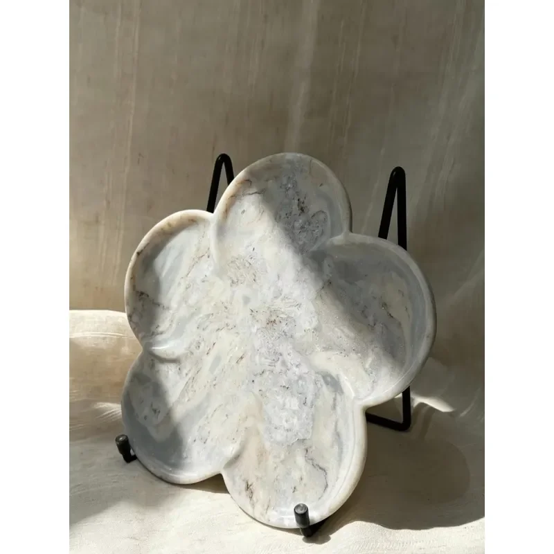 Natural red sandalwood blue marble flower-shaped tray decorative marble jewelry tray for storing rings, earrings, home