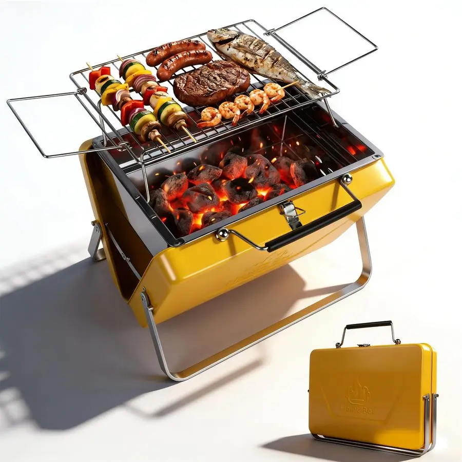 

Portable Charcoal Grill Compact LunchboxStyle Folding BBQ for Camping, Beach amp Tailgating DualZone Heating, Stainless Steel Bo