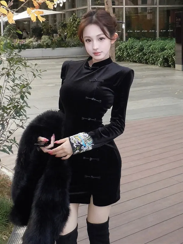 

New Chinese Sle Hepburn Bla Velvet Slim Fit Bodycon Dr Traditional mid High Waist Long Sve Women's Dr