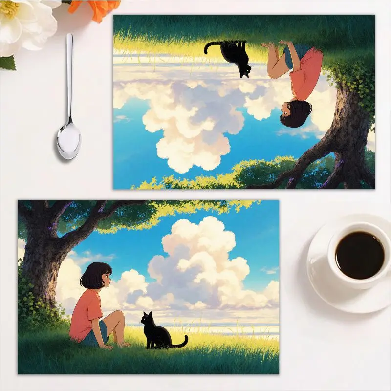 4-częściowy zestaw prostokątnych podkładek na stół, żywy motyw krajobrazowy, łatwe w czyszczeniu, idealne do dekoracji domu, na okazje świąteczne, 30×45 cm.