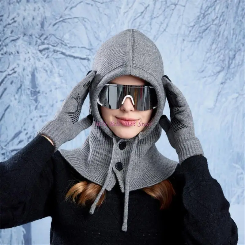 

49ME Versatiles Knitted Hat with Gloves Set Outdoor Activity Hat Winter Sports Hat for Cold Environment