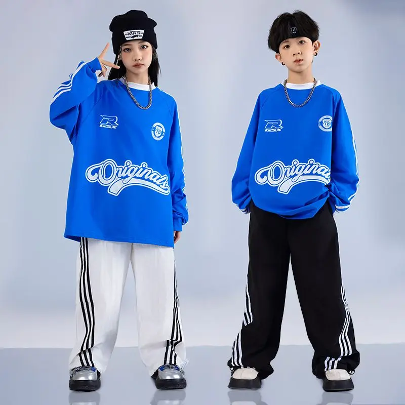 Kids Hip Hop Dance Performance Set Girls Stage Performance Fashion Blue Top Boys Dance Costumes