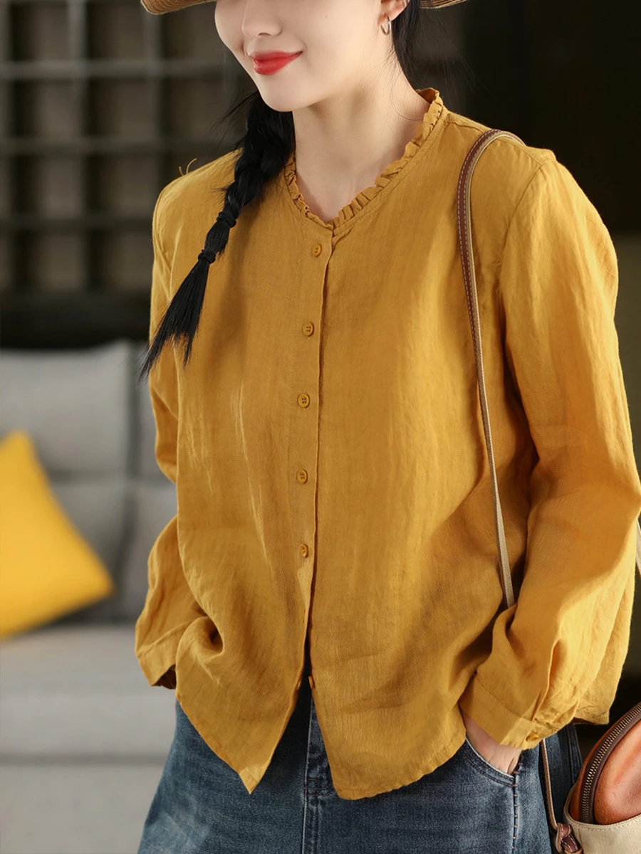 

Женская льняная блузка с длинным рукавом, на одной пуговице, однотонная, с отложным воротником, свободного кроя, весенняя коллекция