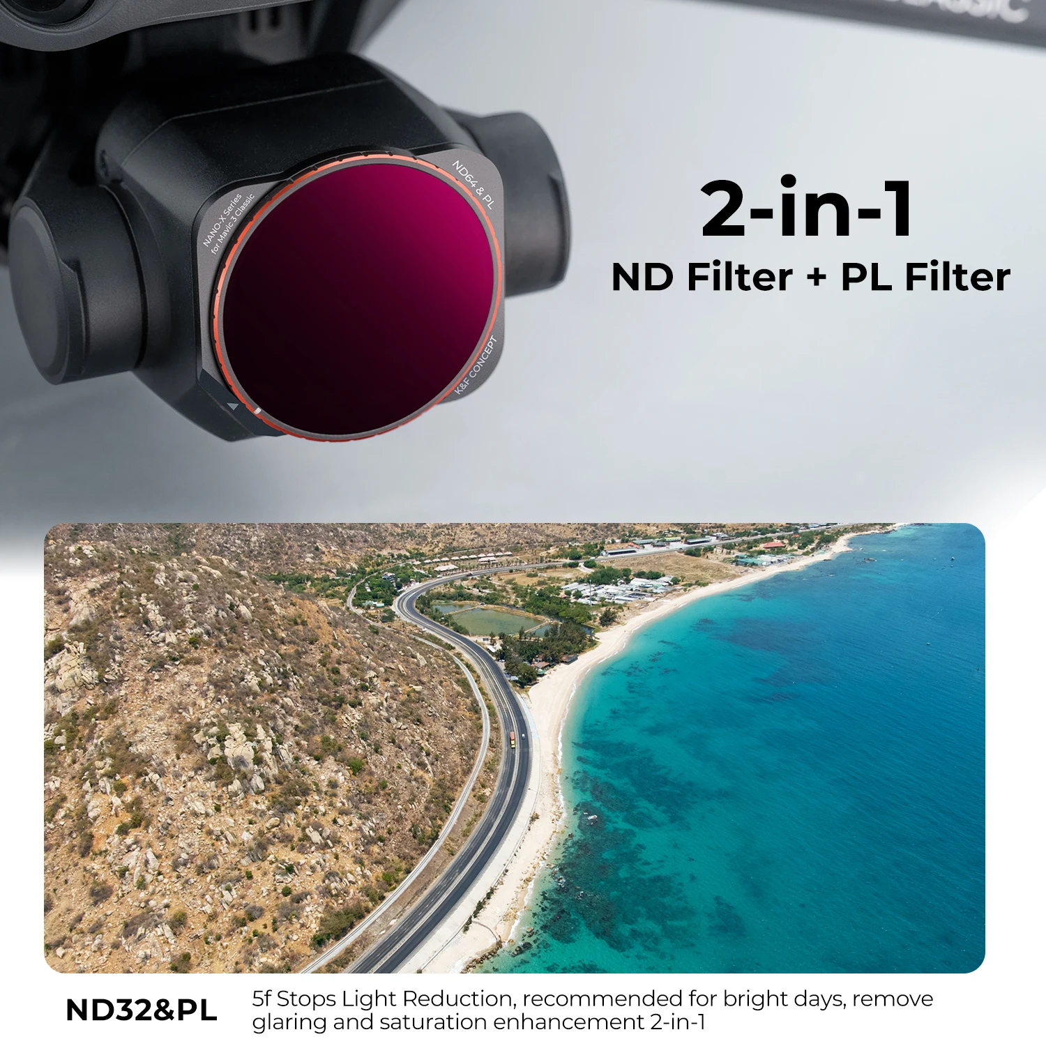 K&F Concept ND32&PL Lens Filter for DJI Mavic 3 Classic with 28 Layers of Nano-Coating Anti-reflection Green Film Waterproof