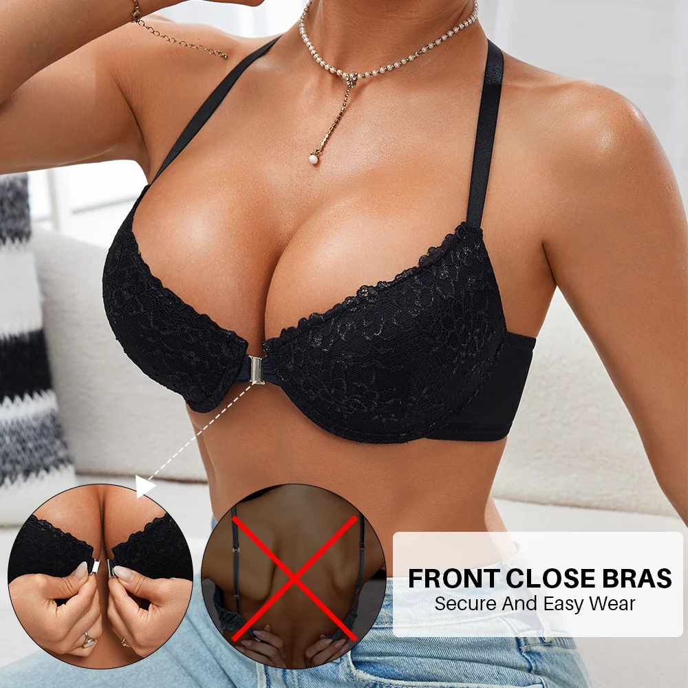 Women's Sexy Front Button Bra Lace Backless Ribbed Bras Female Push Up Lingerie Triangle Cup Underwire Solid Color Brassiere image 5