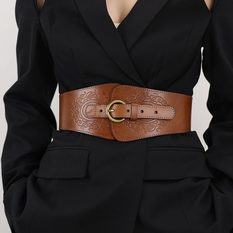 Vintage Wide Elastic Belt for Women Brown Cowhide Waist Stretch Cummerbunds Corset for Coat Dress Accessory Hunting Waistband