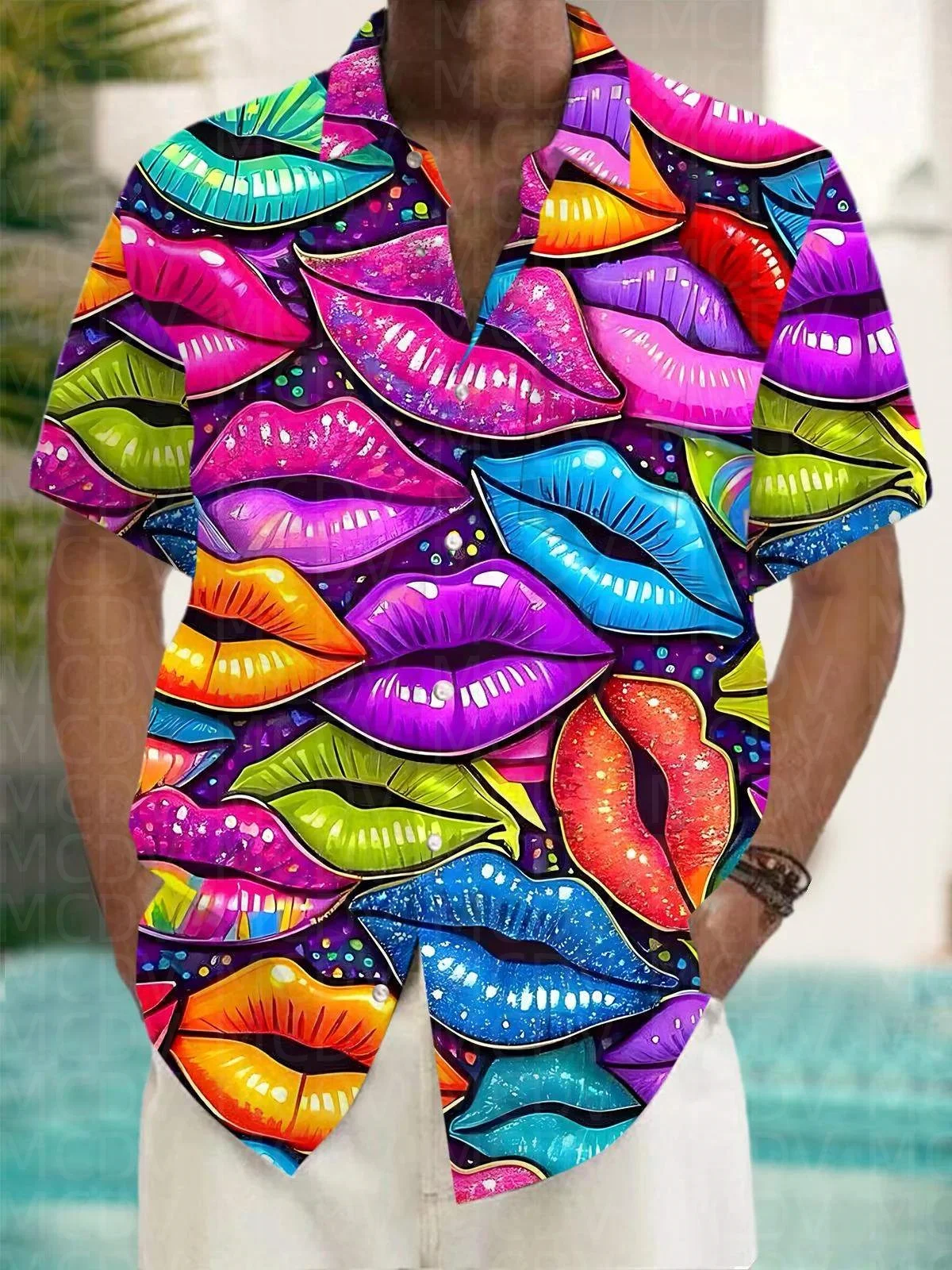 Kiss Pattern Men's Hawaiian Shirt Stretch Easy Care Camp Shirt Big Tall