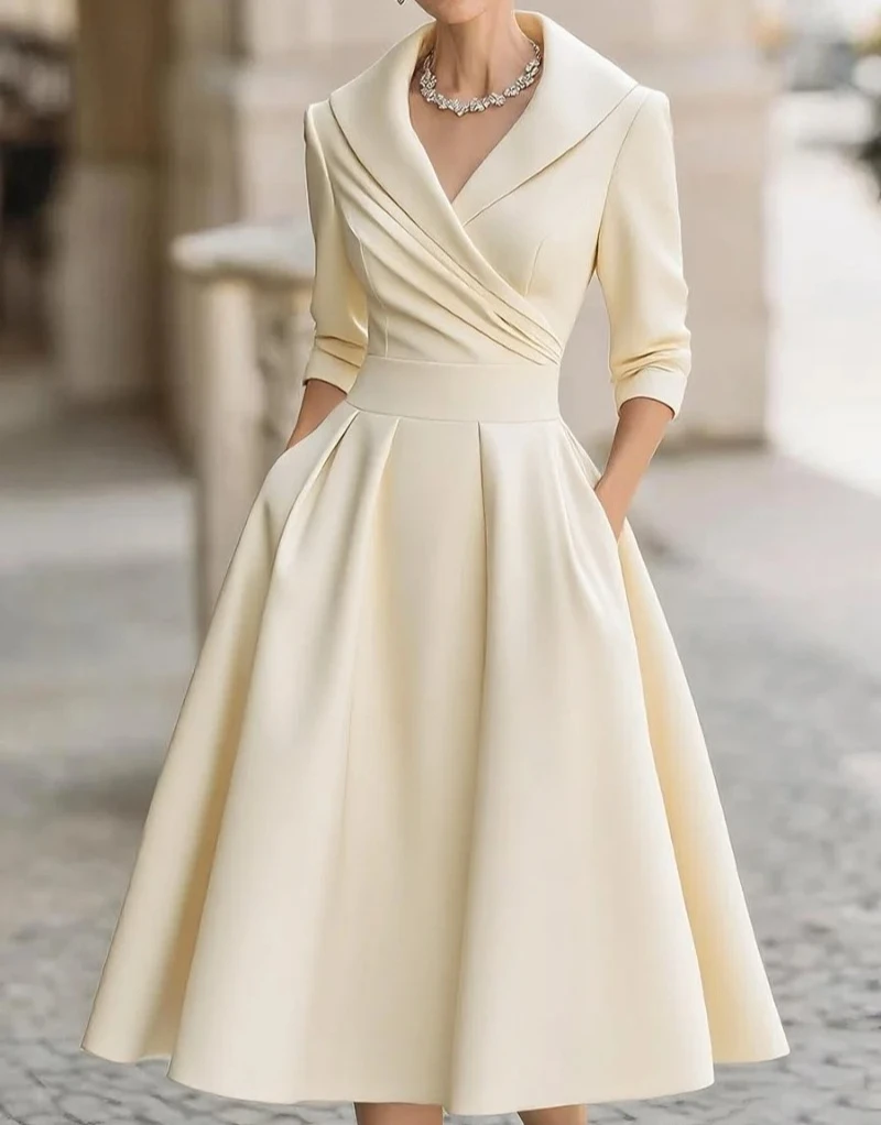 여성용 패셔너블한 출퇴근용 라펠 크로스 플리츠 허리 A라인 원피스