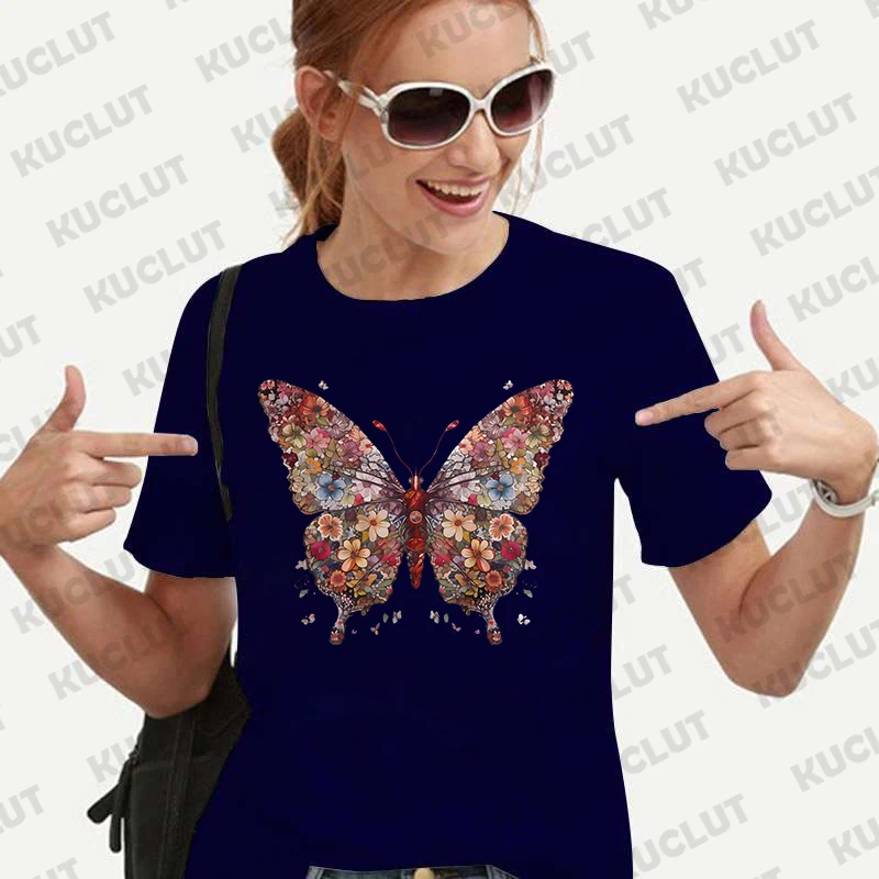 Butterfly Floral Print Women Tees Shirt Harajuku Ulzzang Streetwear Funny T-Shirts Cartoon Graphic Y2k Tops Aesthetic Clothing