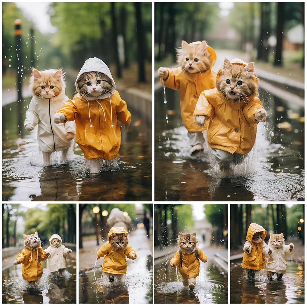 Cute Cat in Raincoat Portrait Funny Posters Wall Pictures For Living Room Home Decor Poster Wall Art Canvas Painting Unframed