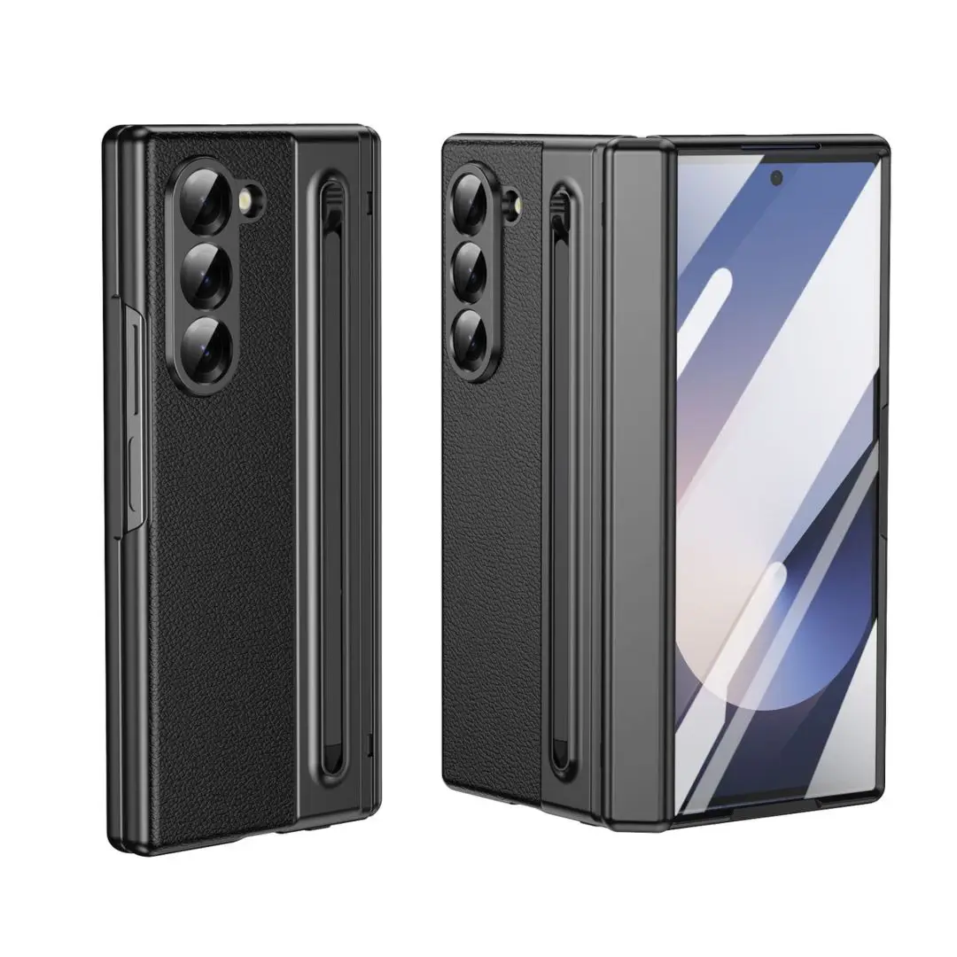 For Galaxy Fold6 S Pen Leather Phone Case Hinge Protection & Built-in Screen Protector Leather Phone Cover for Fold5 Fold4 Black