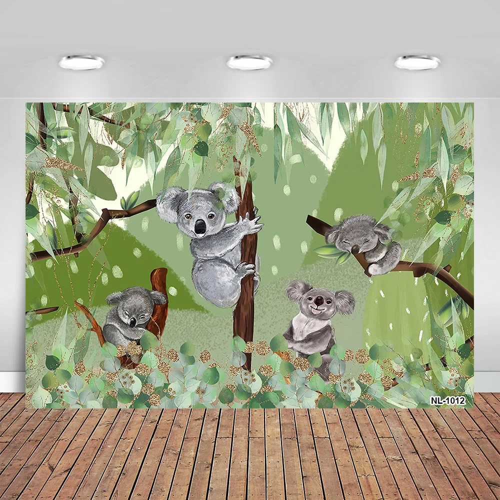 

Koala Kids Birthday Party Backdrop Tropical Green Leaves Banner Decorations Photography Background Props Cake Table Decor