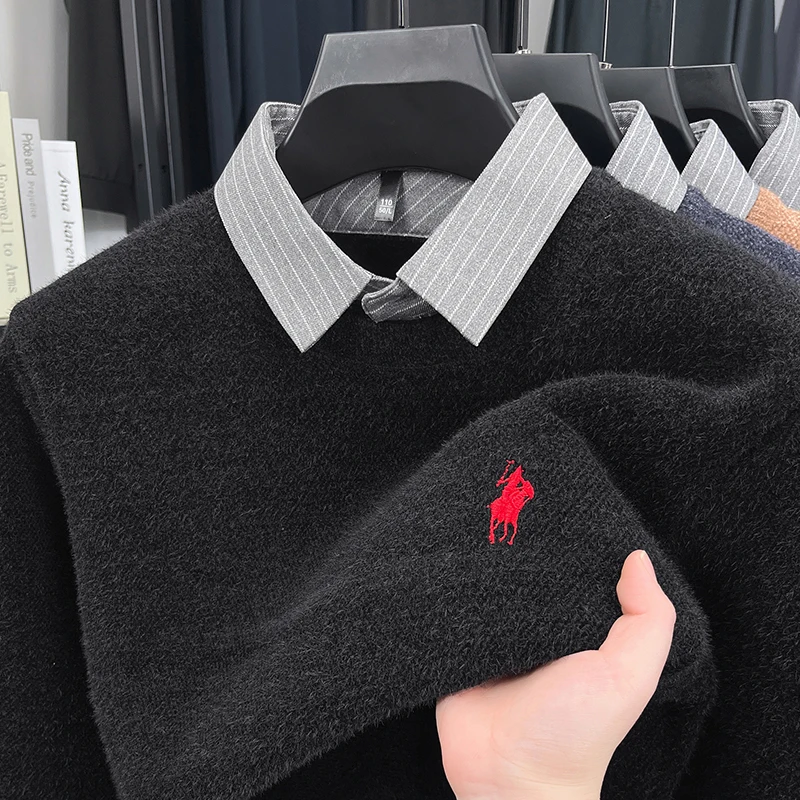 men's luxury autumn winter high quality long sleeves false two-piece lapel embroidery knit sweater leisure trend men's clothing