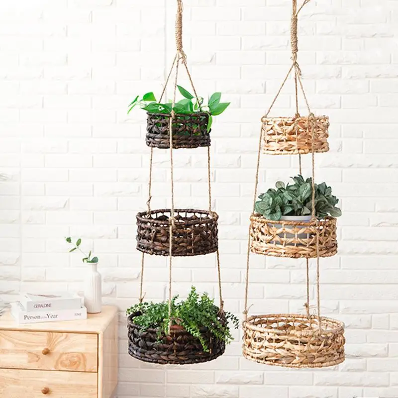 3 Tier Woven Wall Hanging Fruit Basket Home Kitchen Metal Vegetable Storage Organizer Hanging Plant Pot For Home Kitchen Garden