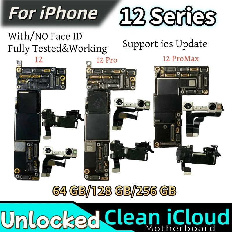100% Working Unlocked Mainboard for iPhone 12 Pro Max 12Pro Motherboard Clean ICloud With/NO Face ID Support Update Logic Board