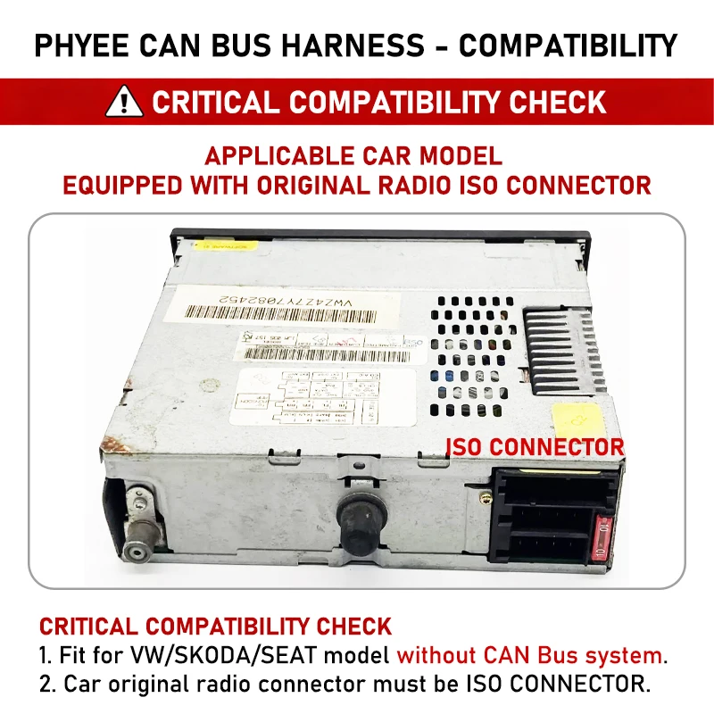 PHYEE ISO Wiring Harness VW Golf MK4 Jetta Polo 6Q/9N Passat, Seat Leon, Skoda Octavia, 16-Pin Android Radio Adapter Cable