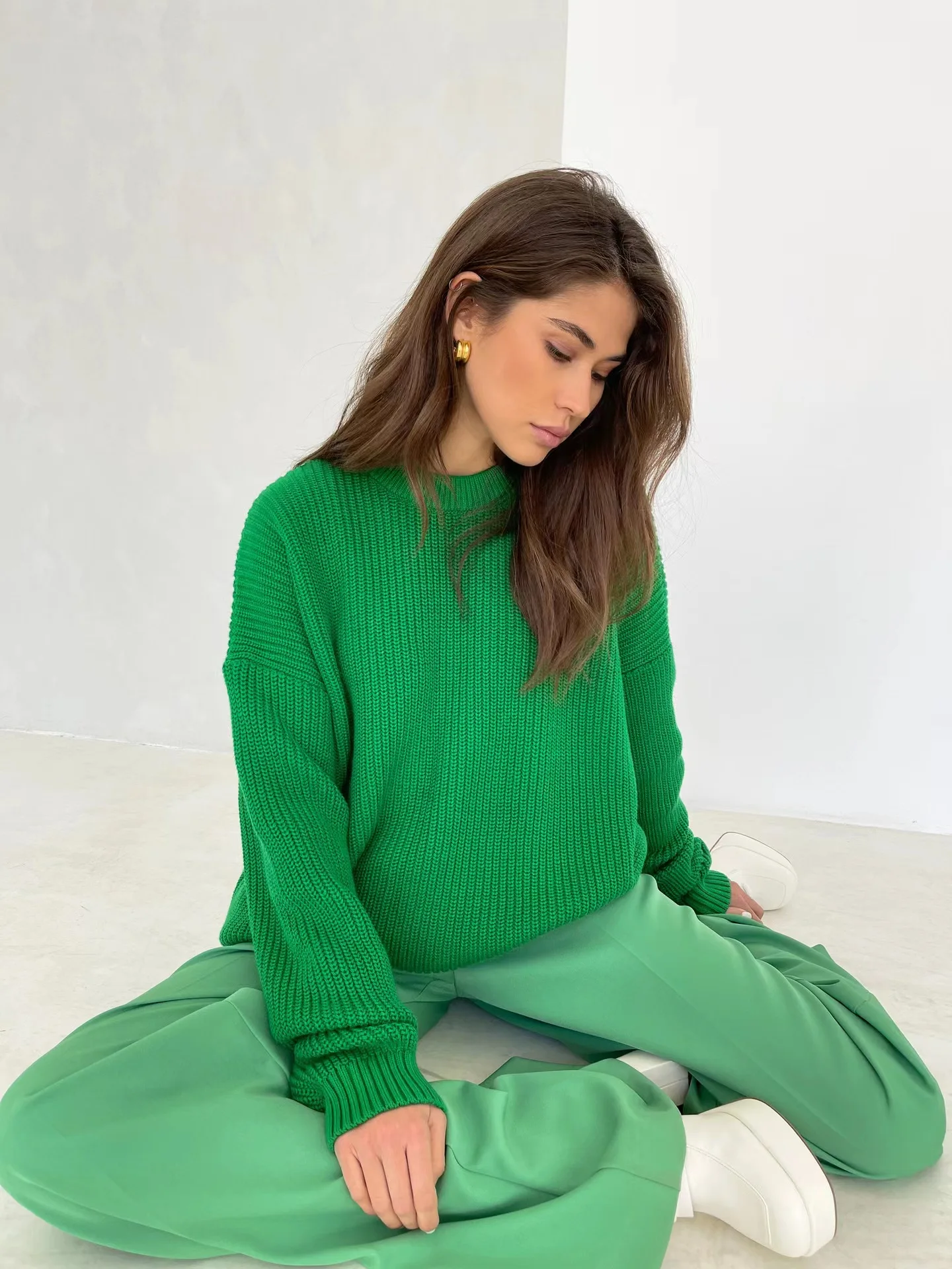 Suéter suelto Ne para mujer, jersey redondo Ne para perezosos de otoño, prendas de punto largas Sve, capas de moda para ir al trabajo, Color puro