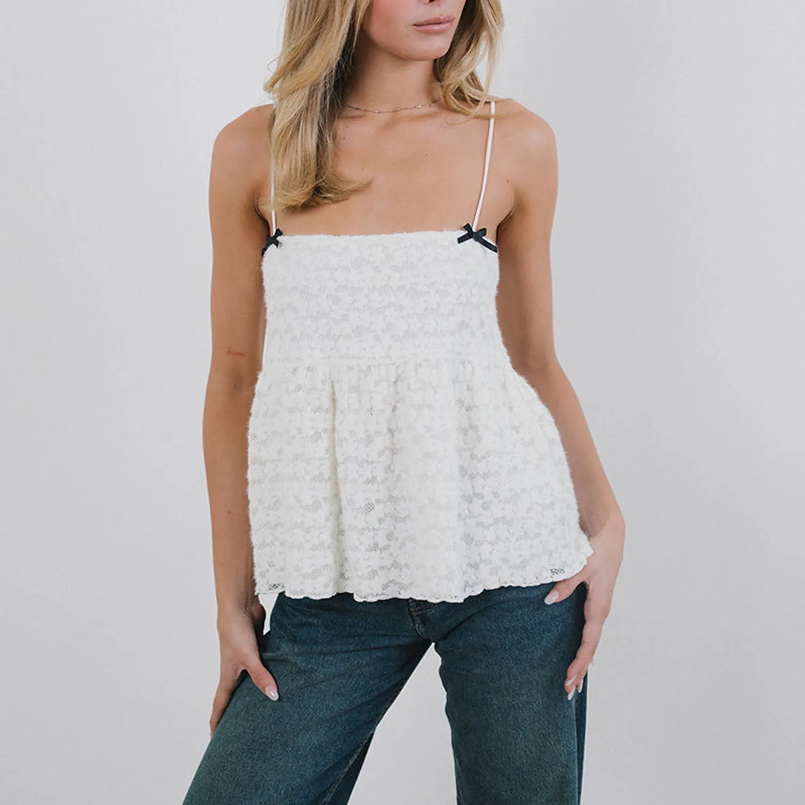 Women's Solid Color Lace Camisole 3D Bow Square Neck Spaghetti Strap Backless Babydoll Tops Casual Summer Streetwear image 3