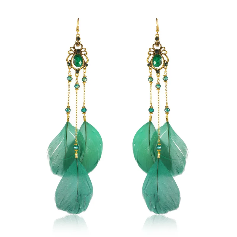 Neue Böhmische Kristall Kupfer Kette Feder Lange Tropfen Ohrringe für Frauen Retro Gypsy Ethnische Temperament Gold Farbe Schmuck Geschenk – Detail 7