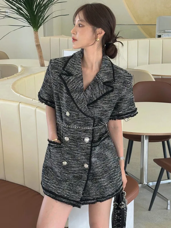 Zomer Nieuwe Sle vrouwen Dr Dubbele Rij Knop Grof Tweed Geweven ort Rok Gemengde Kleur Hoge Faion Sensation Pendelen Sle