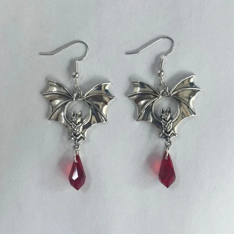 Trendy And Simple New Dark Gothic Punk Style Black Bat Red Crystal Earrings Halloween Jewelry