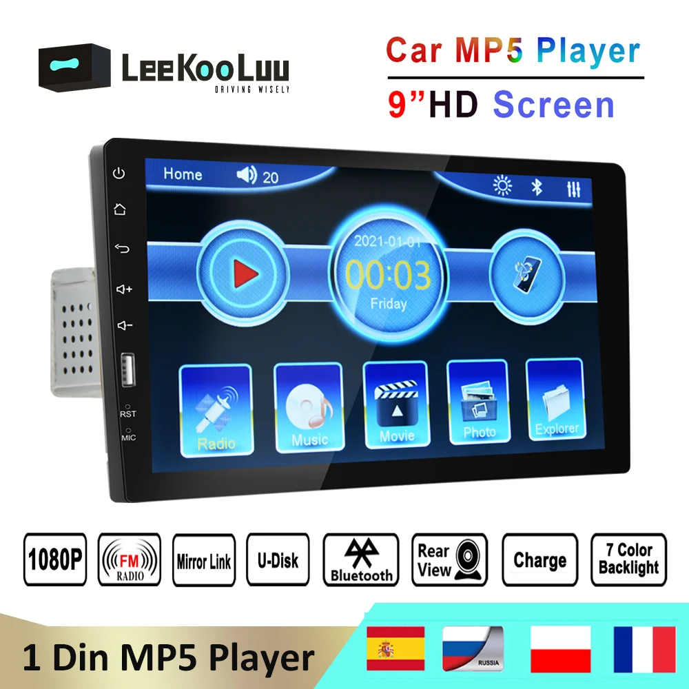 

LeeKooLuu 1 Din Car Stereo 9" HD Auto Radio Multimedia Player 1Din Autoradio Bluetooth Audio MP5 Video Mirrorlink USB FM Camera