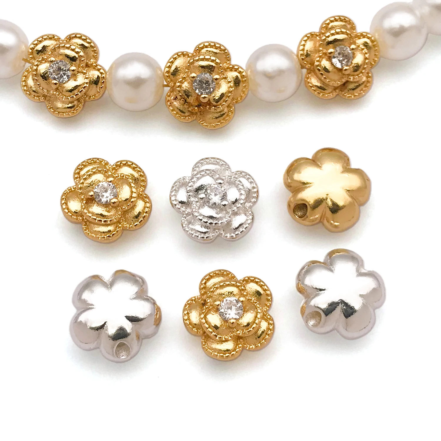 2pcs 18K Real Gold Plated Brass Camellia Beads Flowers Inlay Zircon Spacer Beads for DIY Jewelry Making Accessory