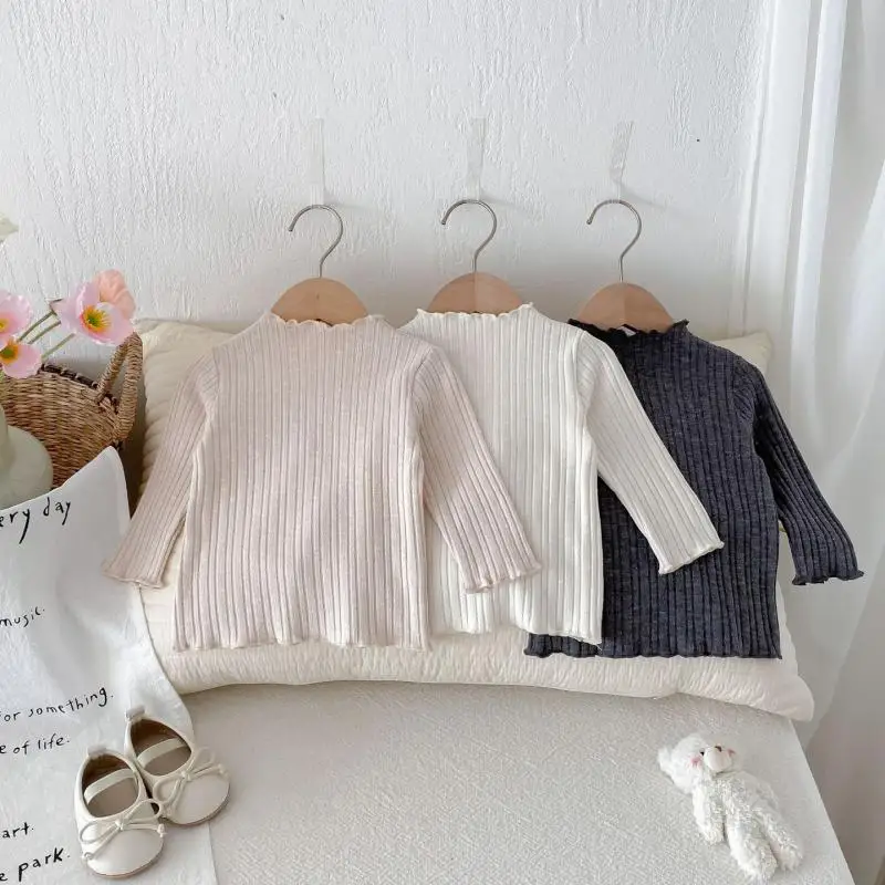 

2025 Spring New Baby Long Sleeve T Shirts Girls Solid Ribbed Bottoming Shirts Infant Toddler Cotton Versatile Tops Baby Clothes