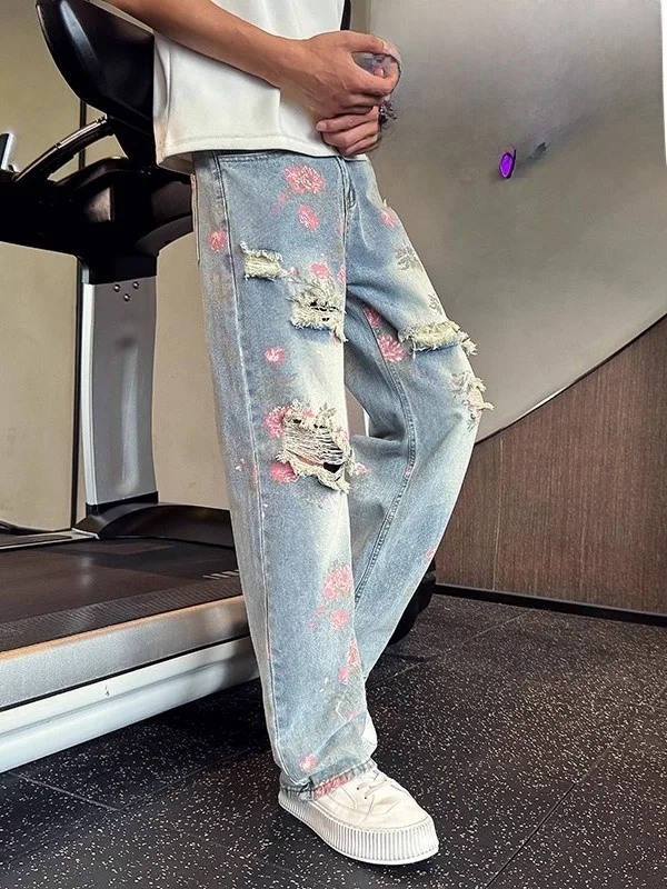 

Large Size Men's Rose Print Ripped Denim Jeans American Waed Wide Leg Pants Spring Autumn Casual Straight Cut Trousers