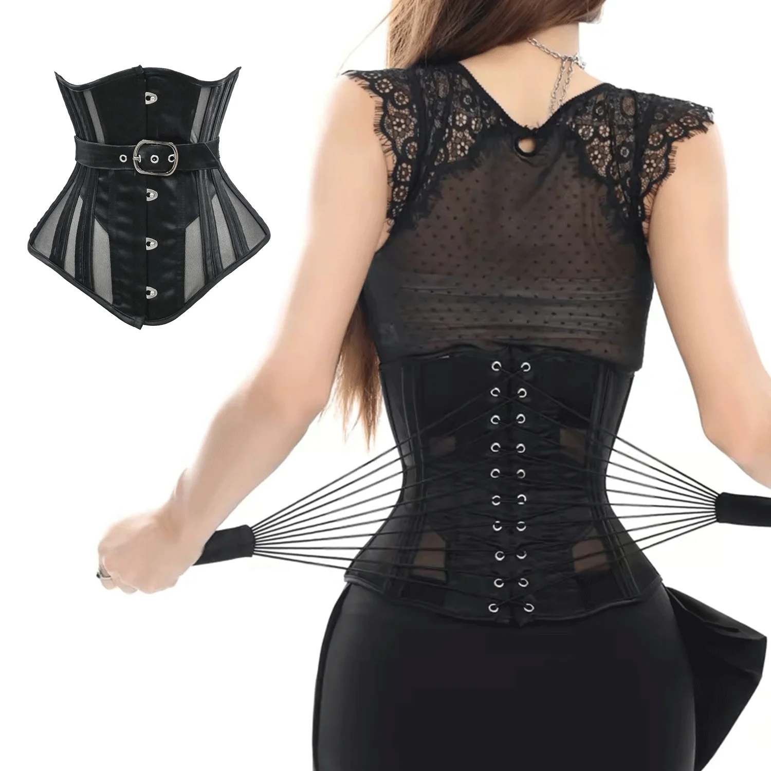 Women Black Underbust Corset Steel Boned Front Buckle Fan Lace Up Fan Lacing Back Mesh Panel Waist Cincher Cosplay Gothic