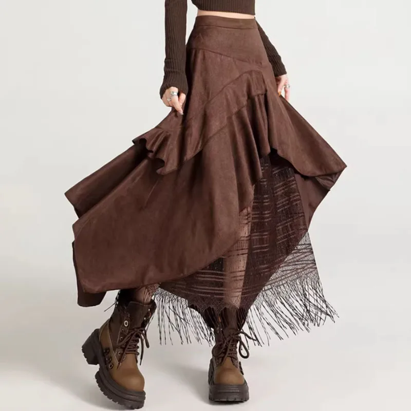 

Новая элегантная асимметричная юбка с высокой талией для женщин, весна-осень, корейская кружевная юбка А-силуэта макси, женская черная длинная юбка с бахромой