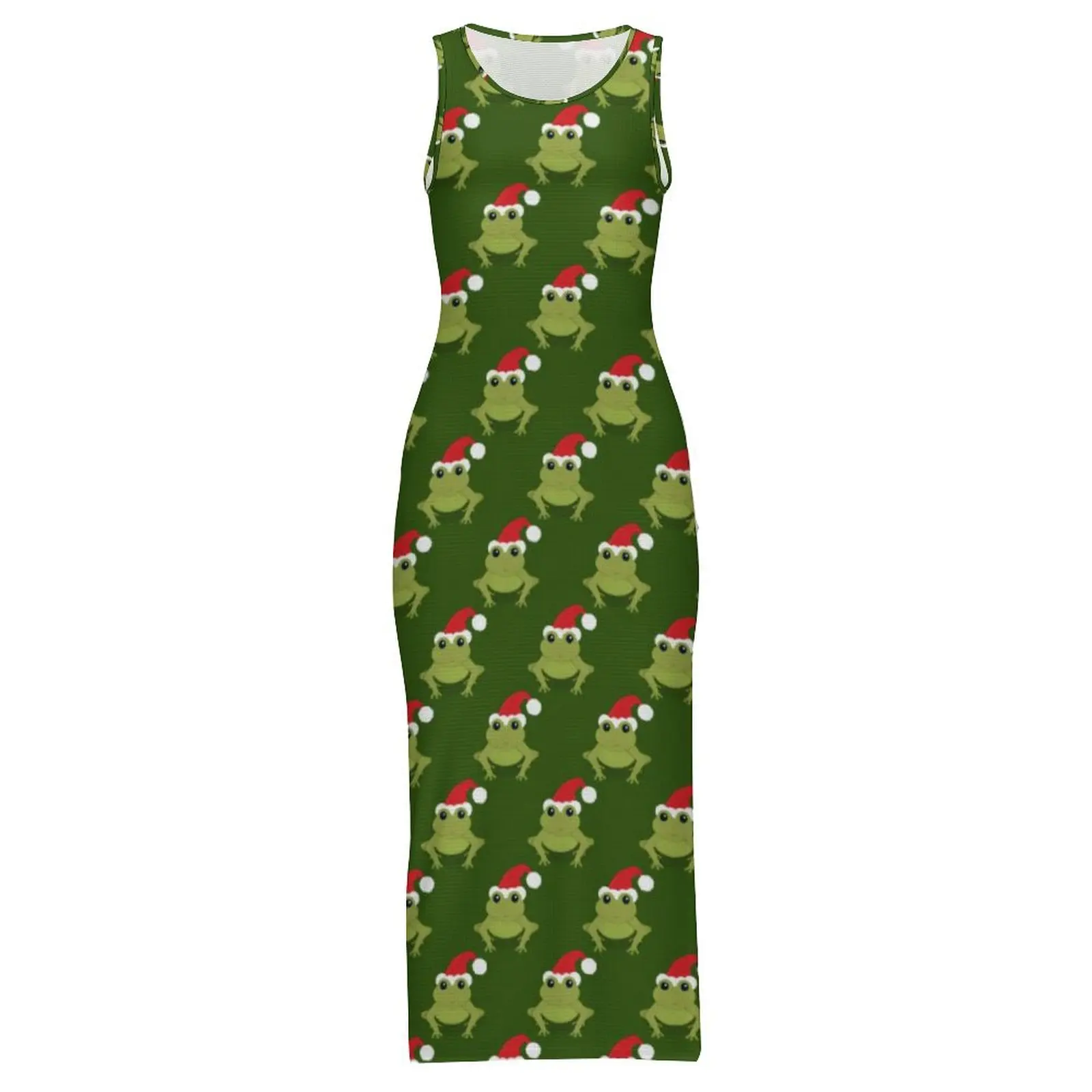 Womens Bodycon Dress Elegant Frog Santa Hat Maxi Dresses Summer Green Christmas Sleeveless Street Wear Graphic Dress Big Size