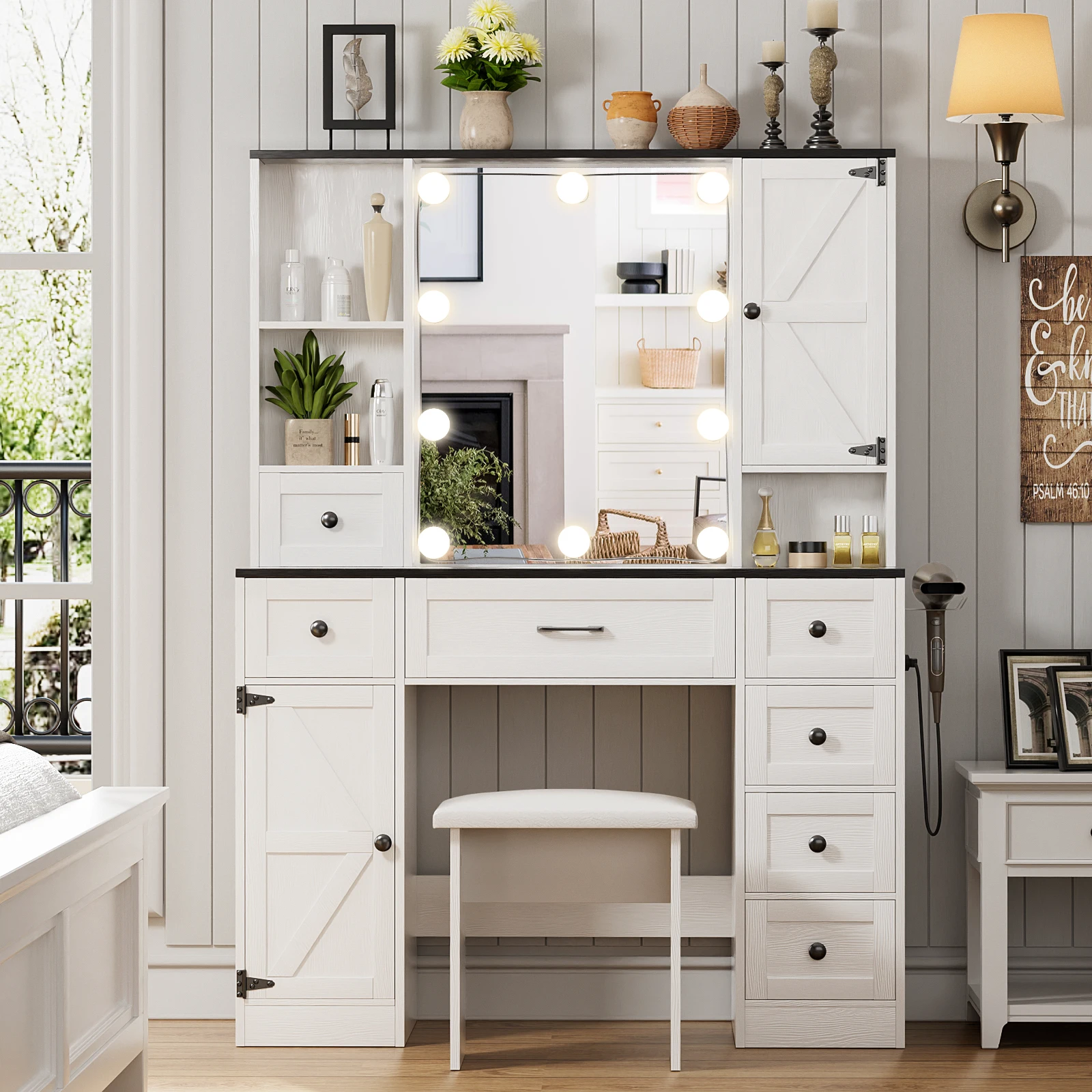 Farmhouse Makeup Vanity Table Set with 3 Colors Lighted Mirror & Drawers and Power Strip for Bedroom Bathroom