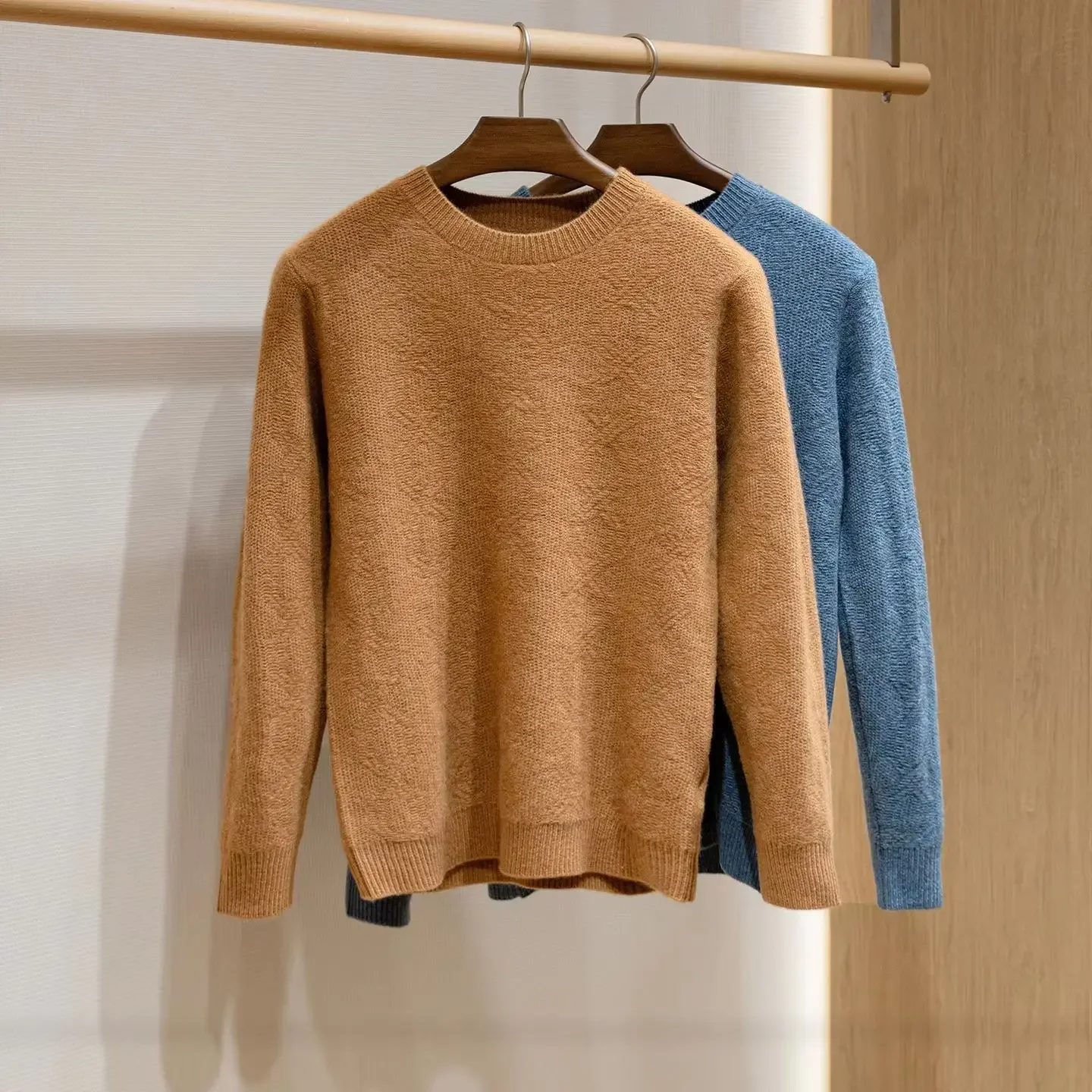 100% pure cashmere, quiet luxury men's double-strand jacquard crew-neck knitted cashmere sweater