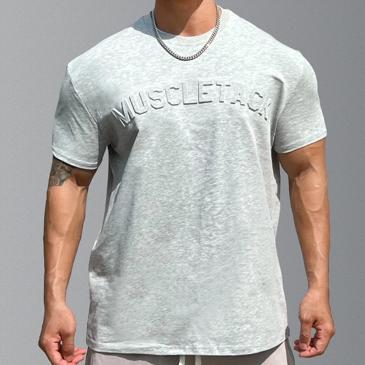 American Vintage Heavyweight Cotton Men's T-shirt Letter Embossed Steel Print Sports Loose Short-sleeved Cuff Fitness Gym Tee