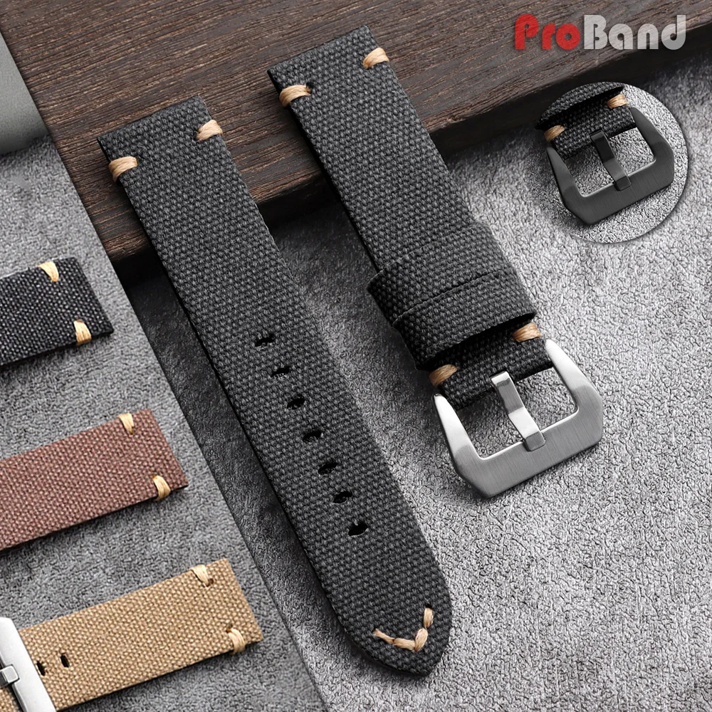

22mm 24mm Canvas Leather Watch Band for Panerai Black Brown Khaki Nylon Watch Strap Universal Bracelet Men Women Sport Wristbelt