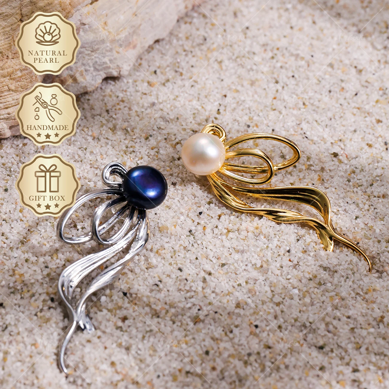 

MYSOYA 8-9mm Black & White Freshwater Pearl Stud Earrings Large Ribbon Studs, Gift Box, Jewelry S452