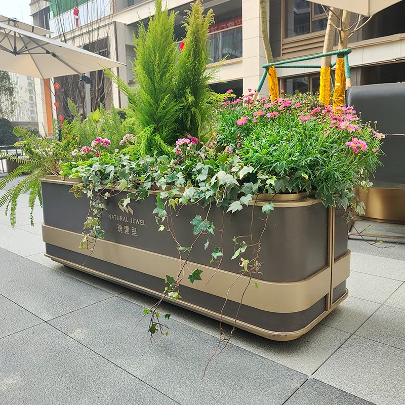 Community special stainless steel brushed flower pot outdoor wrought iron landscape flower box commercial street square outer pe