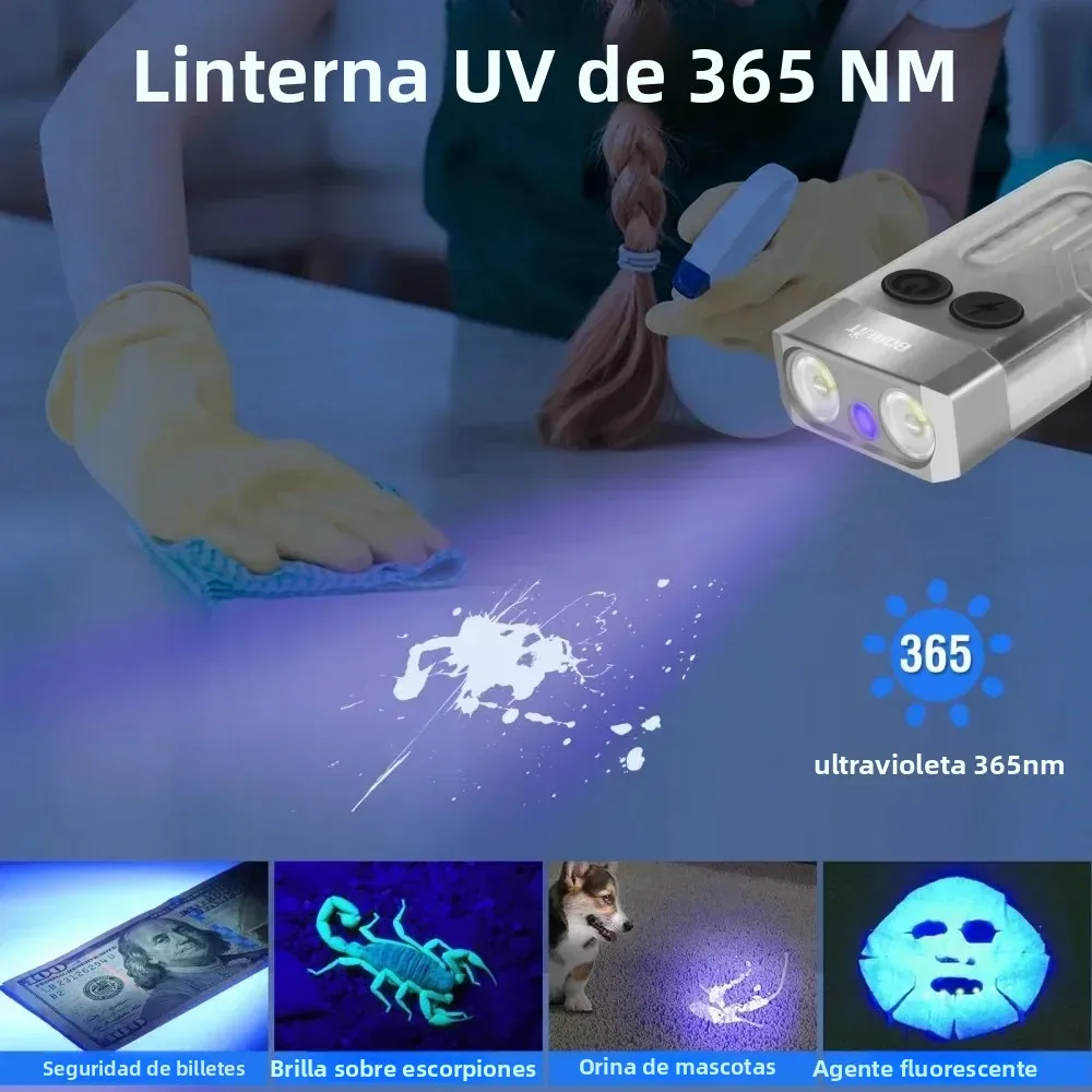 BORUiT V10 llavero UV LED EDC linterna fluorescente tipo C linterna de luz de trabajo recargable con zumbador magnético linterna de bolsillo
