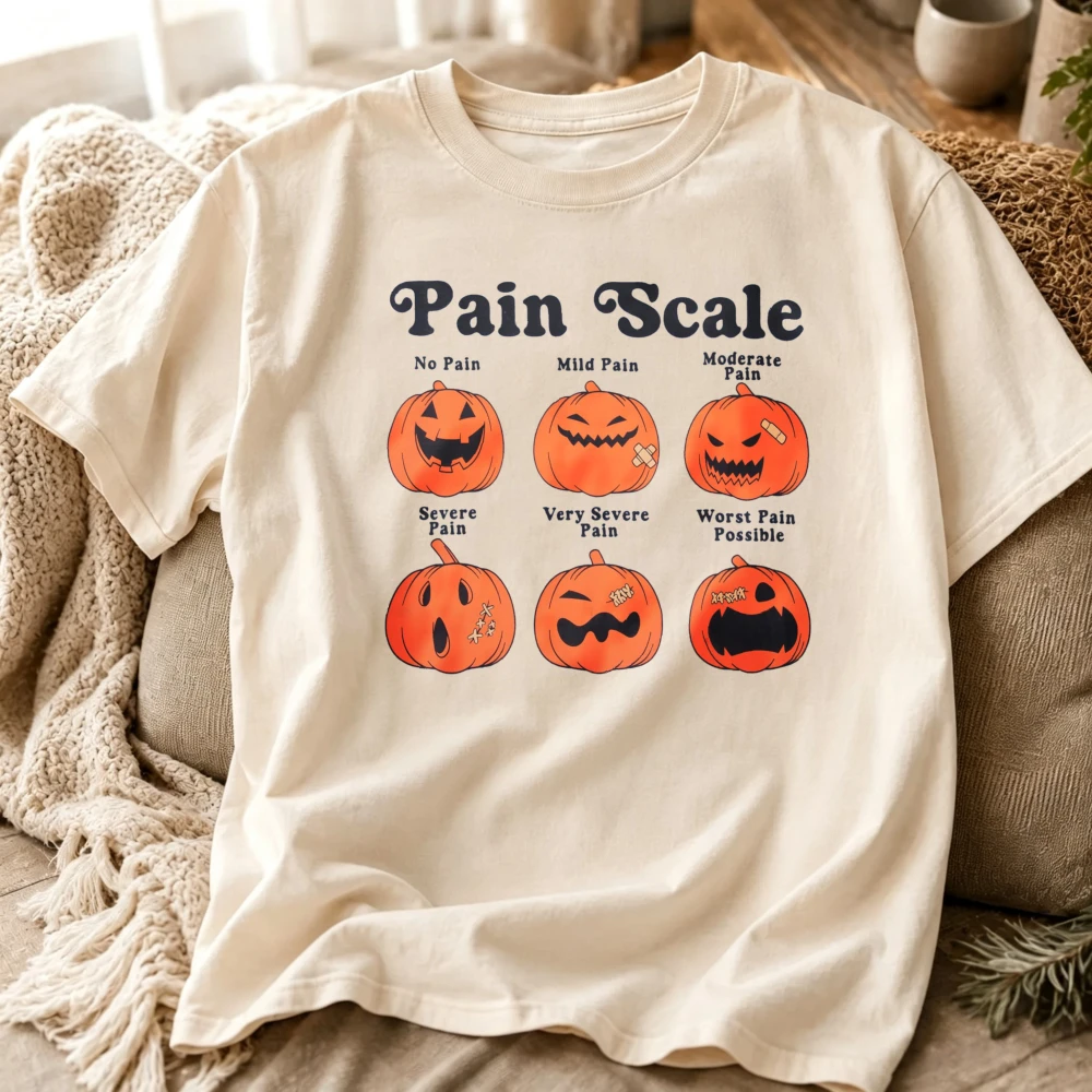 Halloween Pain Scale Pumpkin Graphic T‑Shirt Funny Jack‑O‑Lantern Pain Rating Chart Humorous Spooky Fall Print Tees Casual Tops