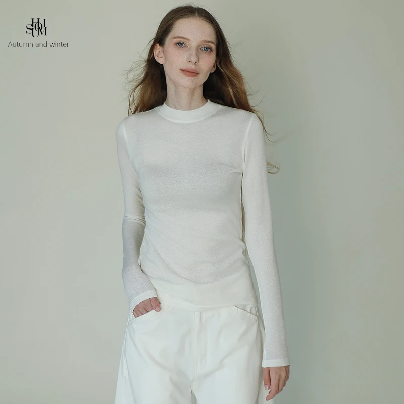 

White Long Sve Silk Wool T-irt Women's Slim Fit Elastic Texture f High Collar Base irt Soft Comfortable Anti-static...