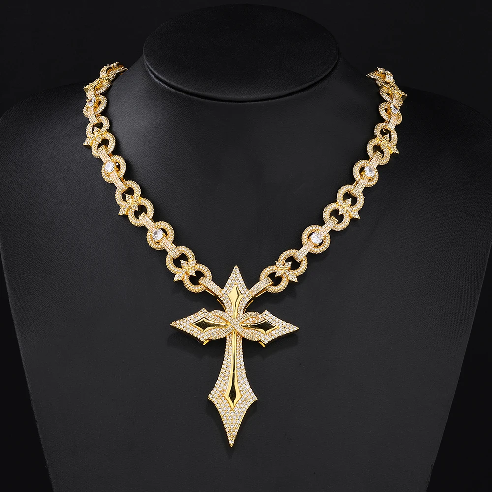 Iced Out Gothic Cross Pendant Necklace For Men Women Full Paved Cubic Zirconia Thick Interlock Chain Hip Hop Religious Jewelry