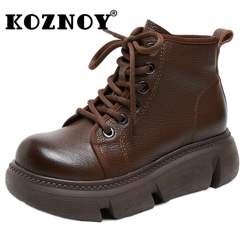 Koznoy 3cm New Big Toe Genuine Leather Autumn Spring Plarform Wedge Women Boots Ankle Mid Calf Ethnic ZIP Moccasins Comfy Shoes