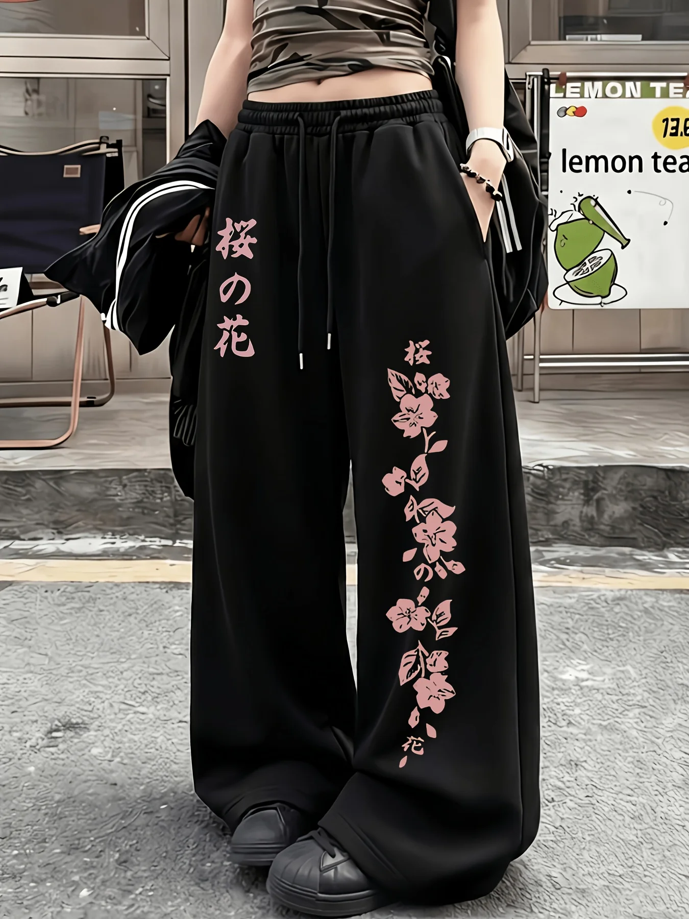 2026 Japanese Fashion Street Style Casual Retro Y2K Cherry Blossom Pattern Printed Men's Casual Drawstring Loose Sports Pants
