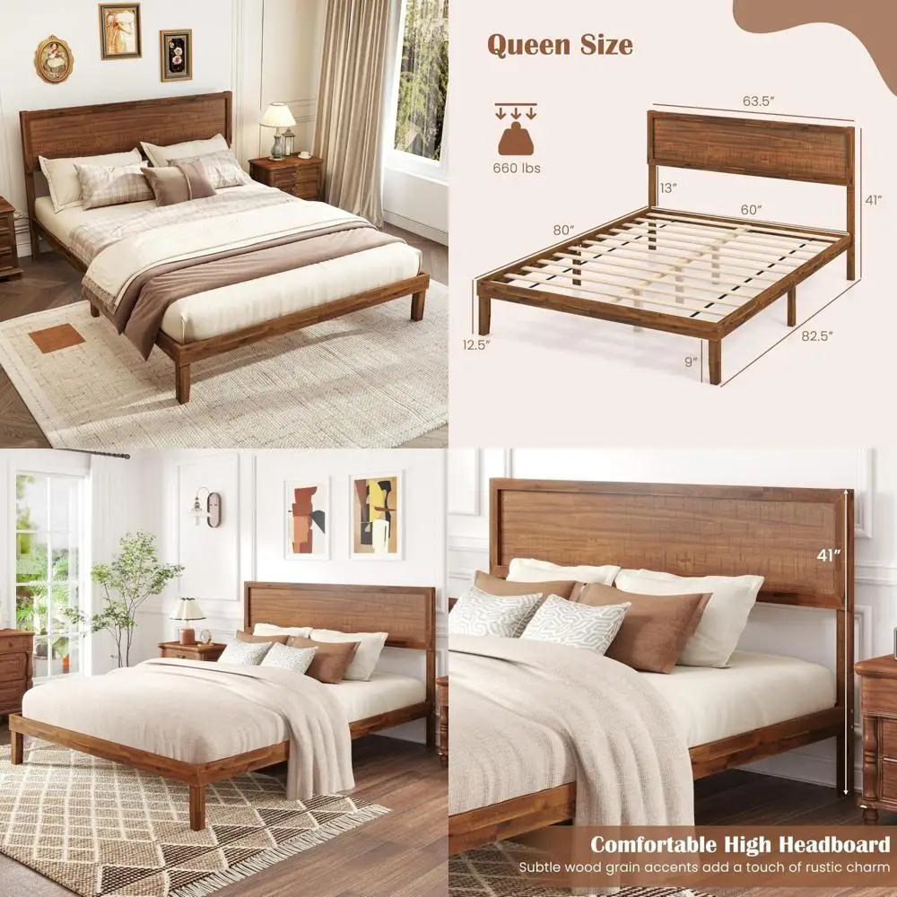 

Mid Century Modern Queen Platform Bed with Solid Wood Legs and Headboard, featuring Wooden Slat Support