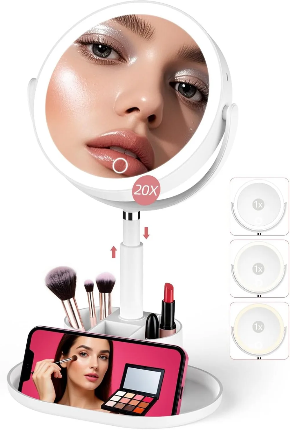 

Lighted Magnifying Makeup Mirror with 1X/20X Sides, Adjustable Height, 360° Rotation, Rechargeable Battery & Storage Base