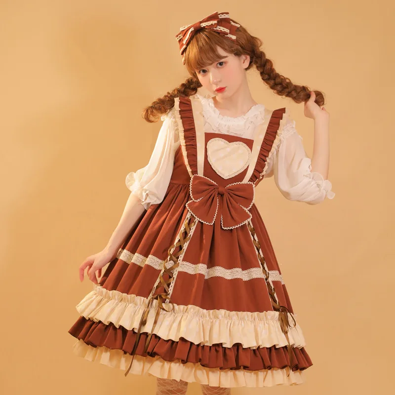 

Kawaii Lolita Jsk Sweet Cute Girl Polka Dot Lolitas Dress Vintage Princess Big Swing Pink Coffee Pure Color