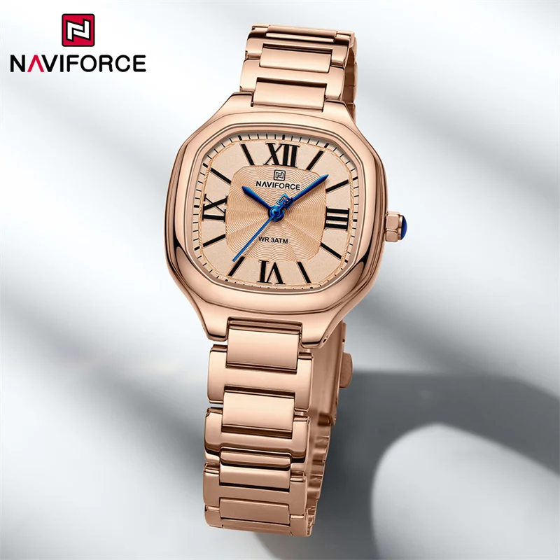 Relógio de quartzo feminino Naviforce, mostrador quadrado, pulseira de aço inoxidável, impermeável, moda, 5042