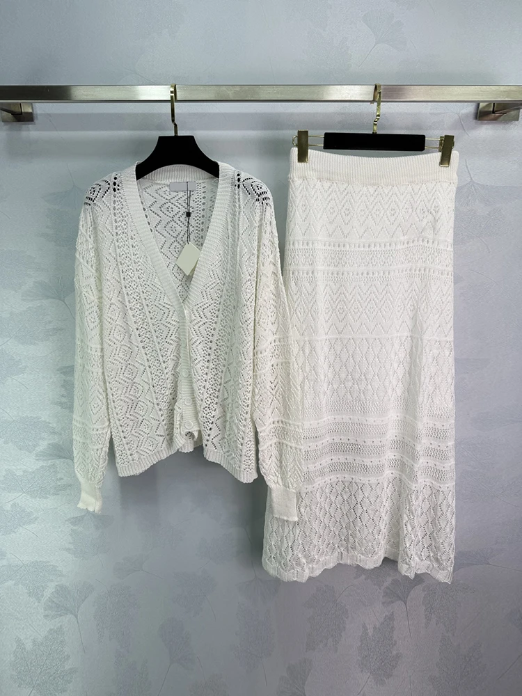 

Spenneooy Summer Fashion White Elegant Knitting Long Skirt Suit Women's V-Neck Long Sleeve Cardigan + A-Line Skirt 2 Pieces Set